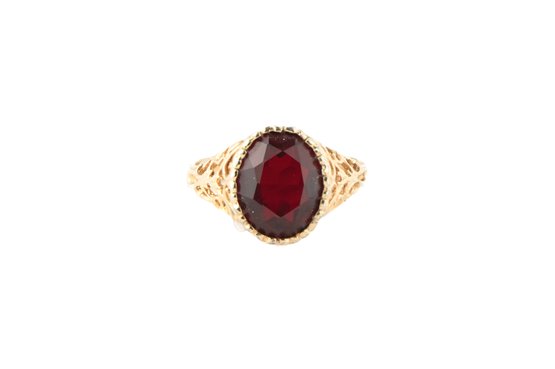 Vintage 18K Heavy Gold Electroplated Joseph Esposito Ring  Red Glass Stone Ring - Size 8.5