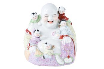 Vintage Porcelain Laughing Buddha With Children Statue Fertility Buddha