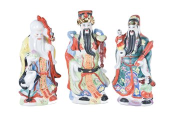 Porcelain Chinese Wise Man Figurines / God Lucky Immortals 'Fu Lu Shou' Happiness, Prosperity, Longevity