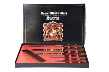 New In Box Vintage Regent Swords Lightning Edge Stainless Steel 5pc Knife Set With Wall Rack