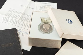 Franklin Mint John F Kennedy Sterling Silver Memorial Medal W/ Box And COA