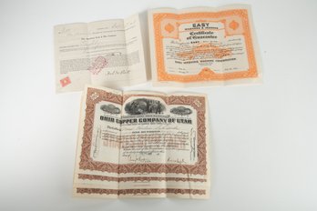 1920's Ohio Copper Company Stock Certificates Washing Machine Certificate American Fork & Hoe Ephemera