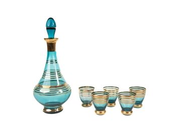 Vintage Bohemian Gilded Blue Art Glass Decanter With Five Glasses