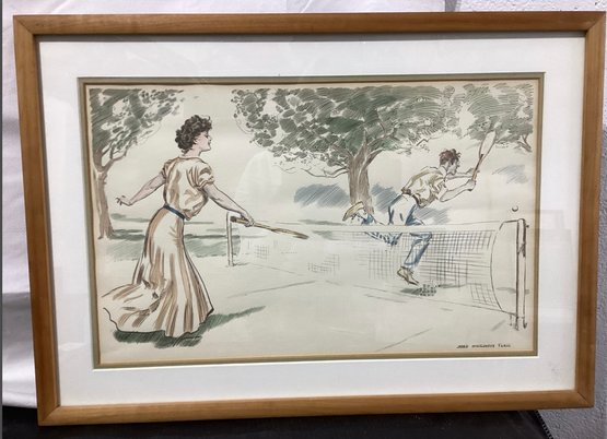Couple Playing Tennis Signed James Montgomery Flagg Colored Lithograph
