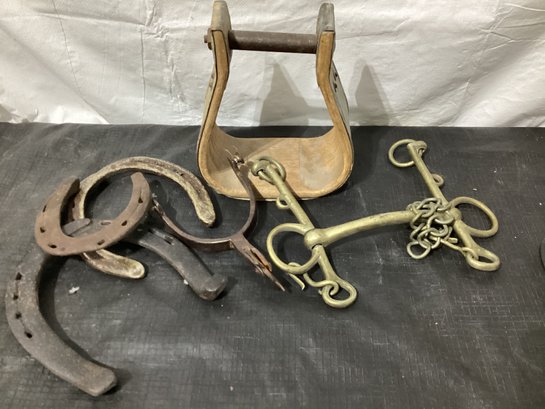 Vintage Horse Bit, Horse Shoes And Western Saddle Stirrup