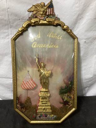 Antique WWII Patriotic STATUE OF LIBERTY Shadowbox 48 Star Flag Gilded Metal