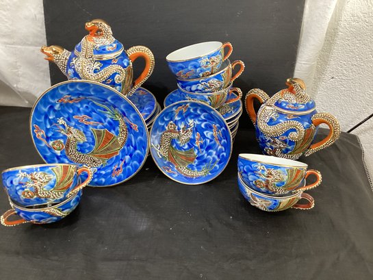 Blue Dragon Ware Kutani Moriage Lithophane Tea Set With Desert Plates