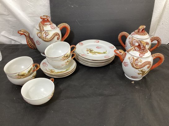 Vintage Japan Dragonware China Tea Set, Lithophane Porcelain Cups, Plates, Dragon Teapot