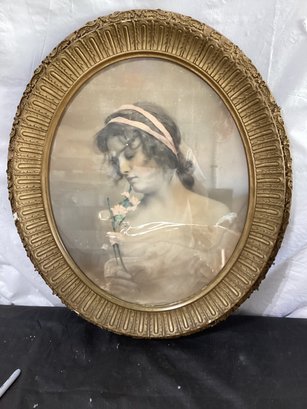 Lithograph Portrait Of Woman Gold Tone Frame