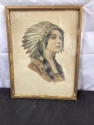 Native American Woman Framed Portrait Embellished With Gold Paint