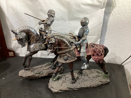 Pair Of Medieval Armored Knights Riding A Charging Horse Figurines Resin
