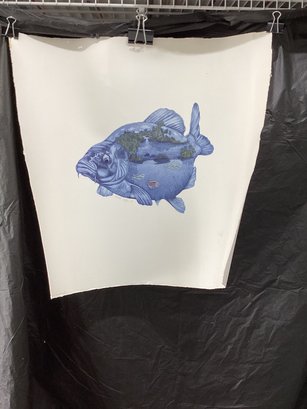 Blue Fish With Water Reflection Block Print  Signed Illegibly And Numbered