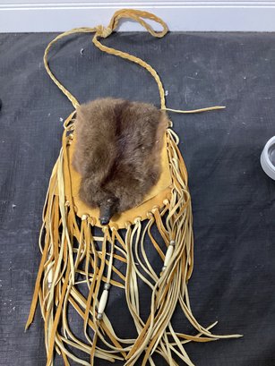 Native American Deer Skin Bag With Fringe, Beads  And Fur Pelt