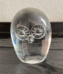 Signed Clear Glass Paperweight Owl