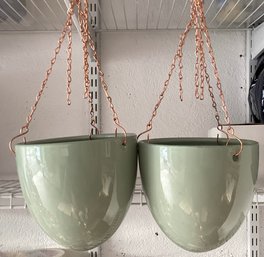 2 Green Hanging Planters, Ceramic With Gold Chains