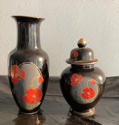 Vintage Black Japanese Vase Or Ginger Jar With Red Poppies   Made In Japan