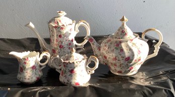 Lefton Rose Chintz Coffee Pot, Tea Pot, Creamer And Sugar - Set Of 4