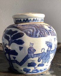 Blue And White Porcelain Ginger Jar With Human Figural