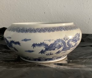 Chinoiserie Blue And White Porcelain Dragon Bowl Or Planter With Markings