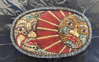 Wood Carved Sun And Moon Oval Plaque