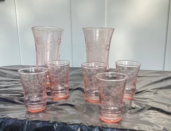 5  Pink Depression Glass,  2 - 12 Oz Flat Tumbler