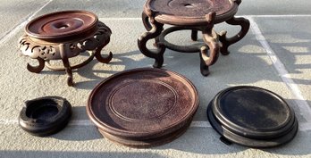 5 Asian Ornate And Plain Wood Footed Display Plateau Stands