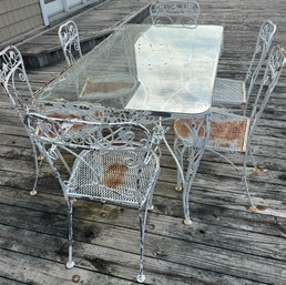 Vintage Wrought Iron Glass Top Table & 6 Chairs