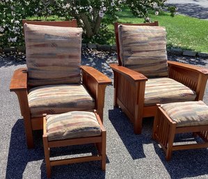 Styled After Stickley Slatted Morris Chairs And Ottoman