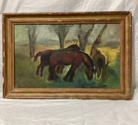 Grazing Horses In A Field  Oil On Canvas