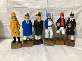 6 Lot Carved Wood Nautical Figurines Hand Painted