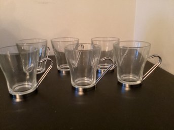 Vintage Vitrosax Italy Clear Glass Stainless Handles Coffee /Tea Cup Set Of 6