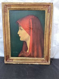 Woman In Red Oil On Board  Signed J. Henner