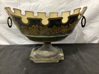 TOLE WARE TAPERED PEDESTAL BOWL WITH HAND PAINTED FOLIATE