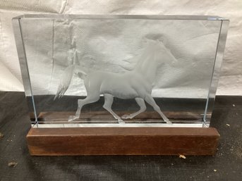 Running Horse Etched  On Glass Signed  Illegibly  On Wood Base