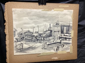 Pen And Ink Drawing  Cars And Boats Signed Henry DeMuth