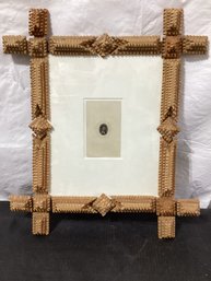 Tramp Art Picture Frame With Vintage Photo  In Mat Board