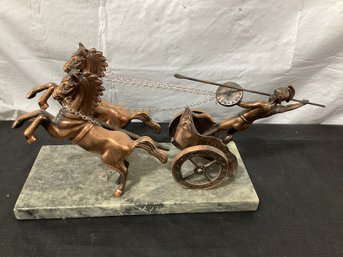 Roman Style  Horse Drawn Chariot Sculpture On Marble Base