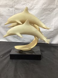 Vintage Sculpture Of 3 Dolphins On Black Base Signed Illegibly Dated 84