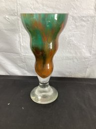 Vintage Sasaki Crystal Hand Blown Art Glass Vase Lava Cone Green Orange Footed