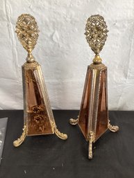 Vintage French Ormolu Perfume Bottle Brass Filigree And Beveled Amber Glass 13'H