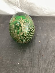 Green  & Gold Glass Egg With Hole On Bottom No Stand For Egg