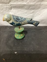 Hand Painted Metal Bird On Wooden Stand