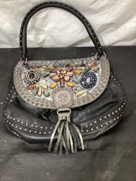 Vernor/ Sharif Beaded Studded Tassle Black Leather Bag Tote