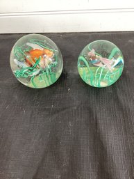 2 Possibly Murano Art Glass Fratelli  Fish Aquarium Paperweight