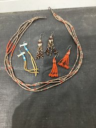 Beaded Necklace & 3 Pairs Of Beaded Esrrings