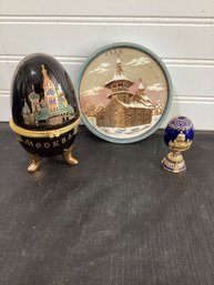 2 Russian  Souvenir Eggs And Pyro Engraved Wall Plate