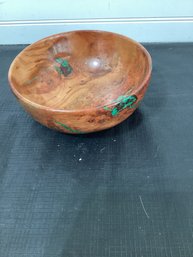 Beautiful Wood Bowl With Turquoise ? Signed Illegibly