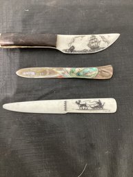 Etched Bone Knife, Eskimo Etched Letter Opener, Abalone Letter Opener