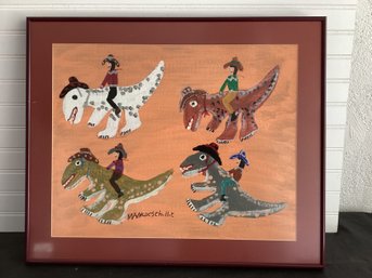 Mamie Deschillie- Gouache Mixed Media Dinosaur Riders  Signed Lower Center