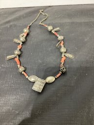 Tribal Or Native American Coral And Silver Necklace